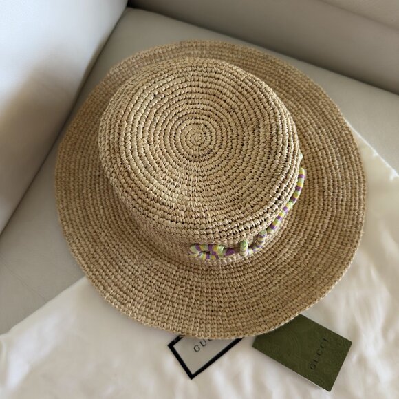 NWT GUCCI Monogram Embellished Raffia Hat Sz S - Picture 6 of 10